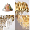 A modern chandelier with a minimalist design of clean, sleek golden lines, featuring LED lights."